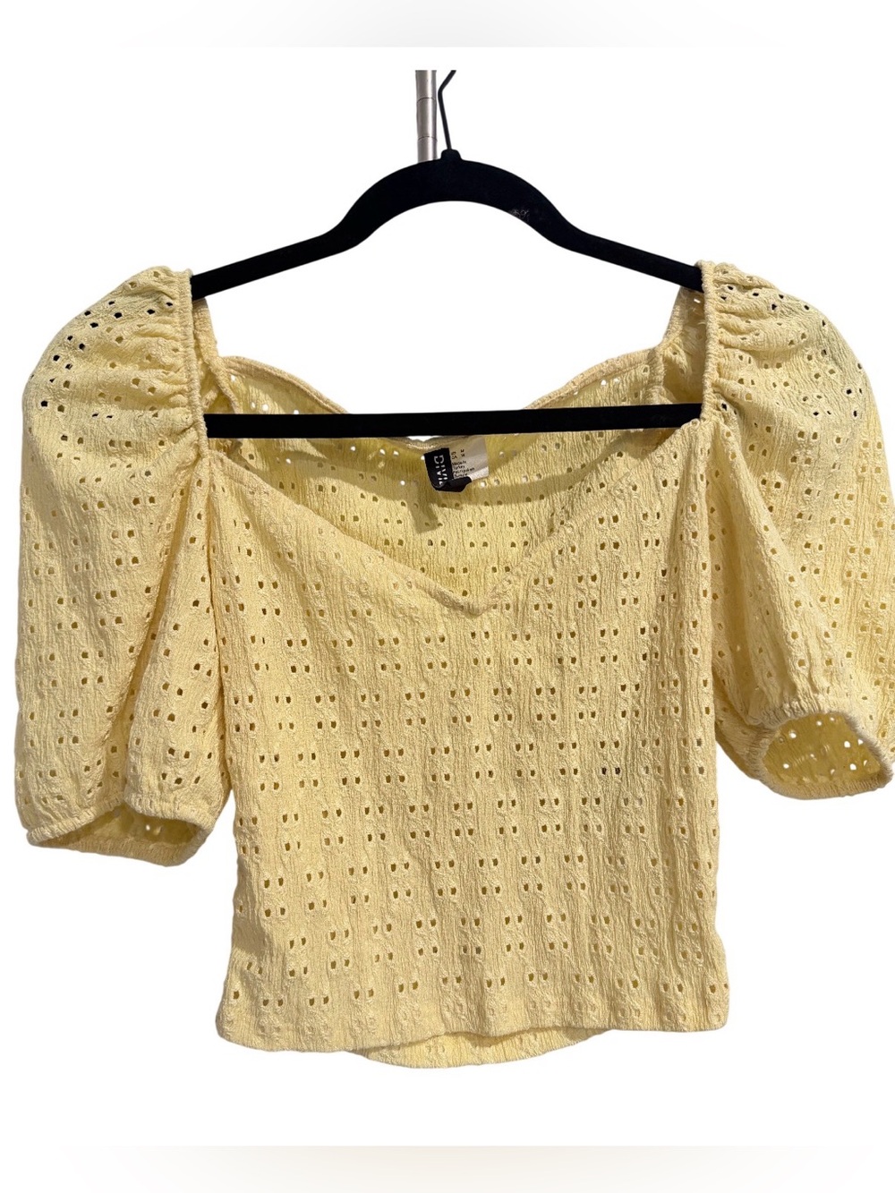 H&M Yellow Eyelet Puff Sleeve Square Neck Blouse